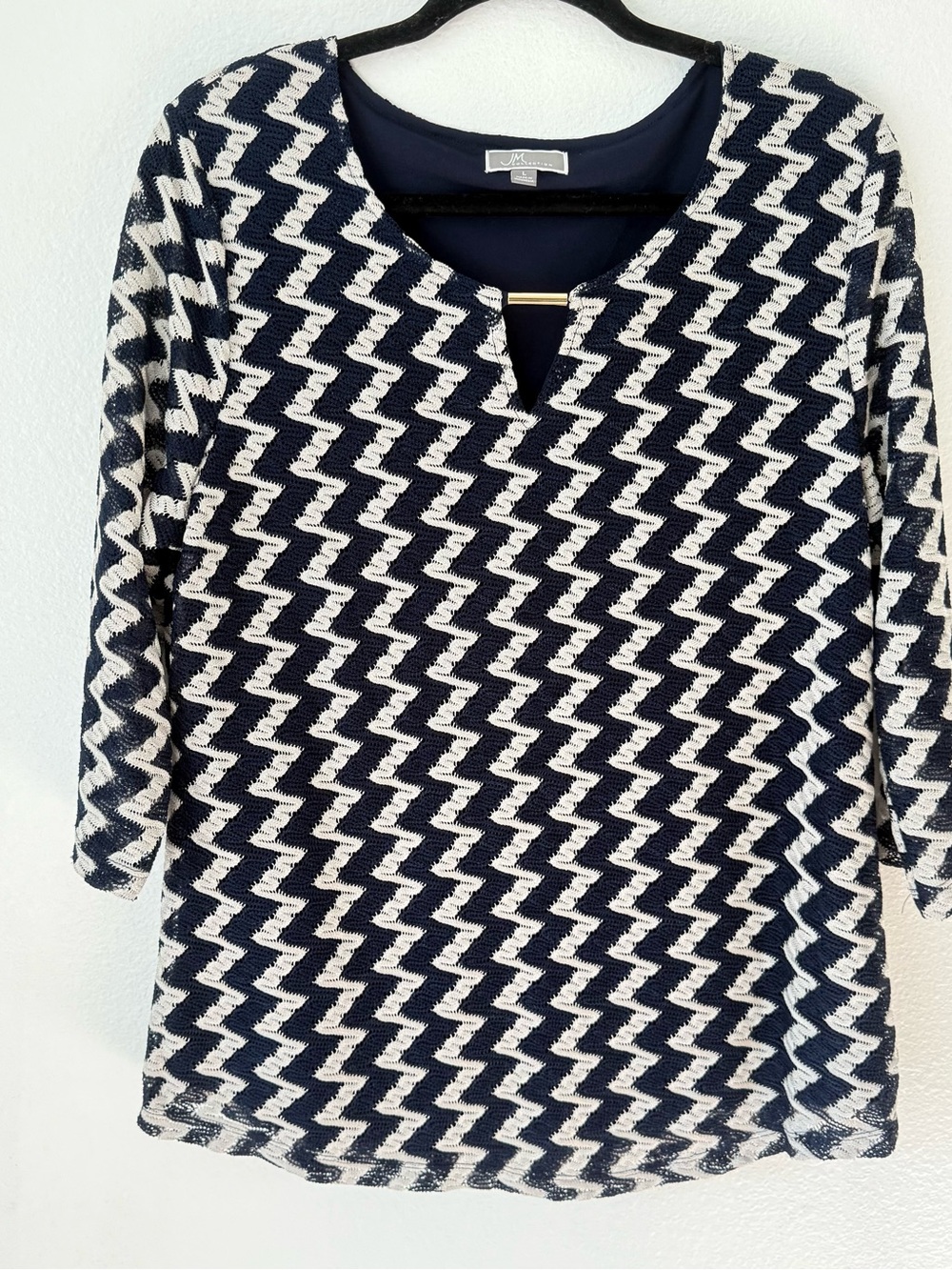 JM Collection Navy and White Zigzag Knit Long Sleeve Dress